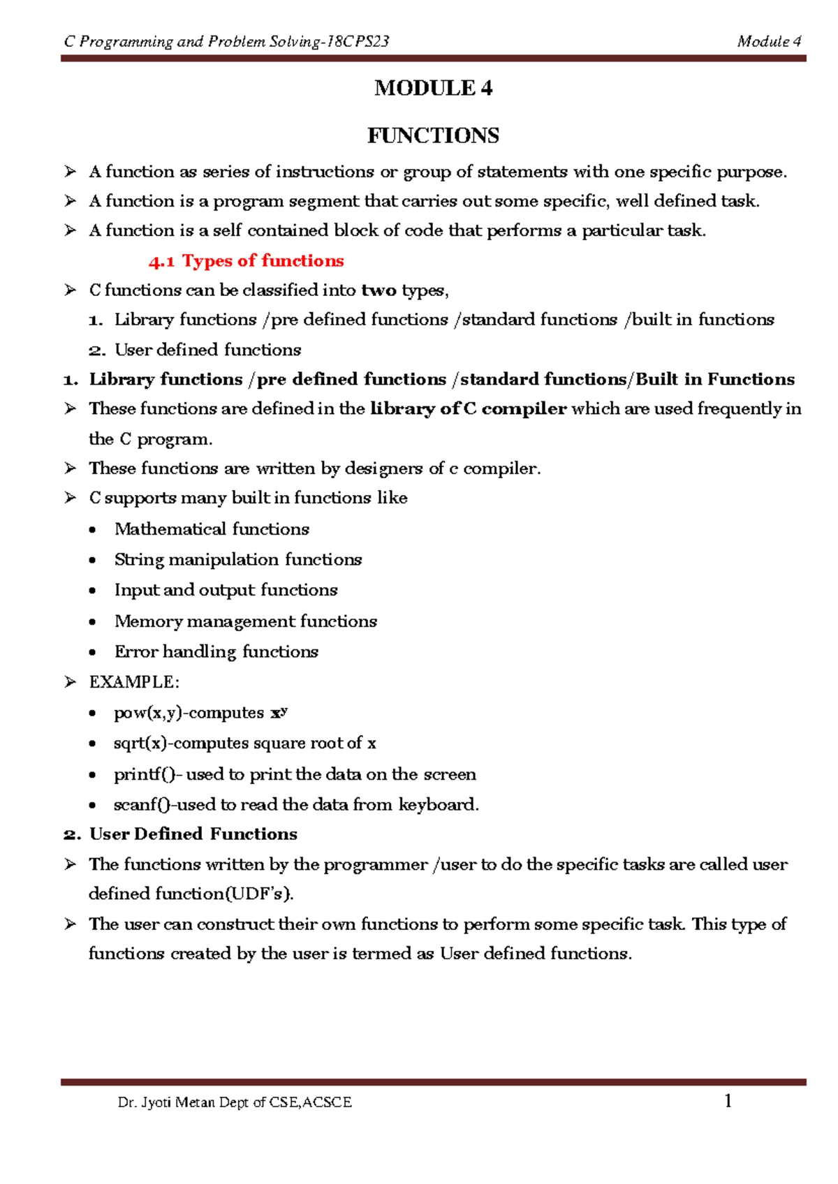 Module 4 CPS - MODULE 4 FUNCTIONS A function as series of instructions ...