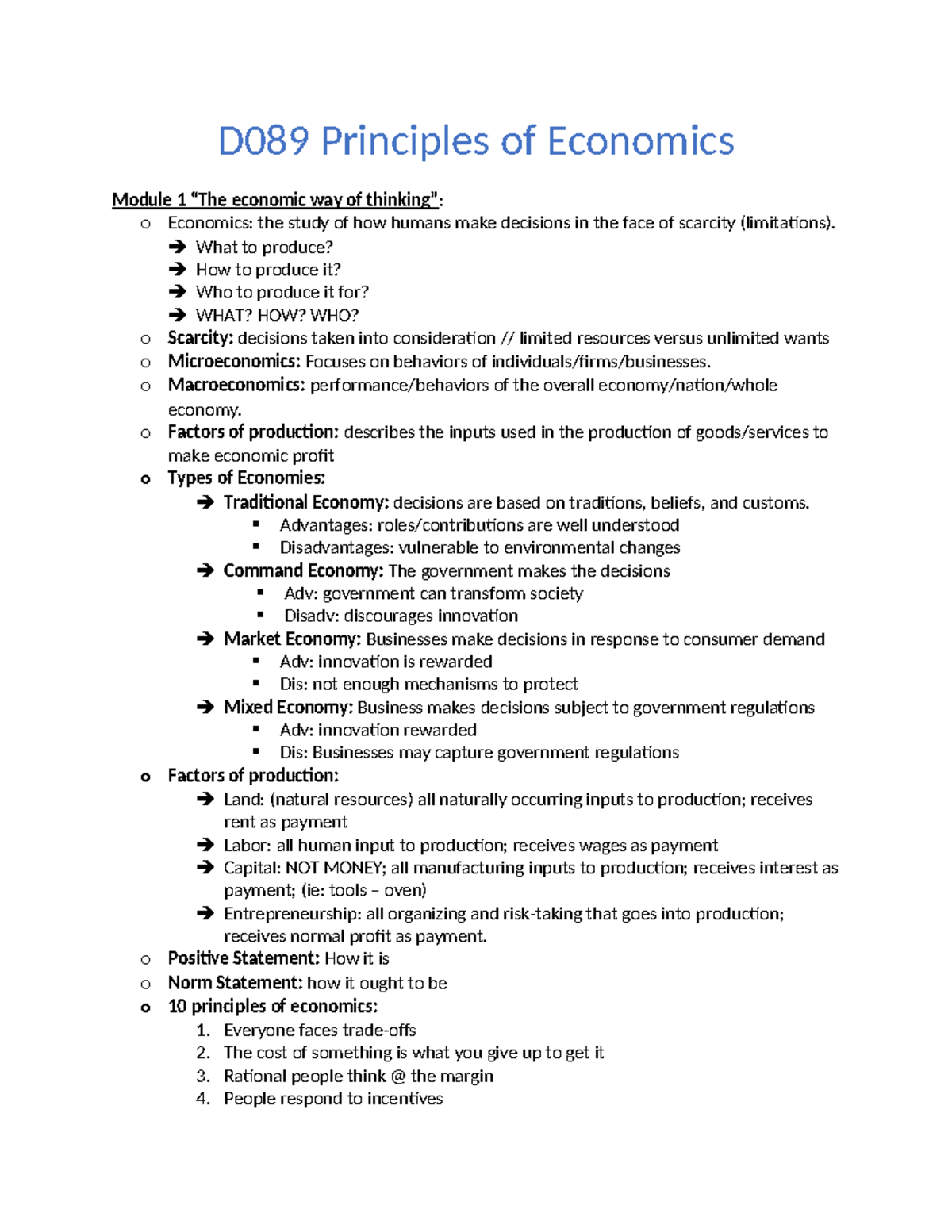 D089 Notes From Brians Videos - D089 Principles Of Economics Module 1 ...