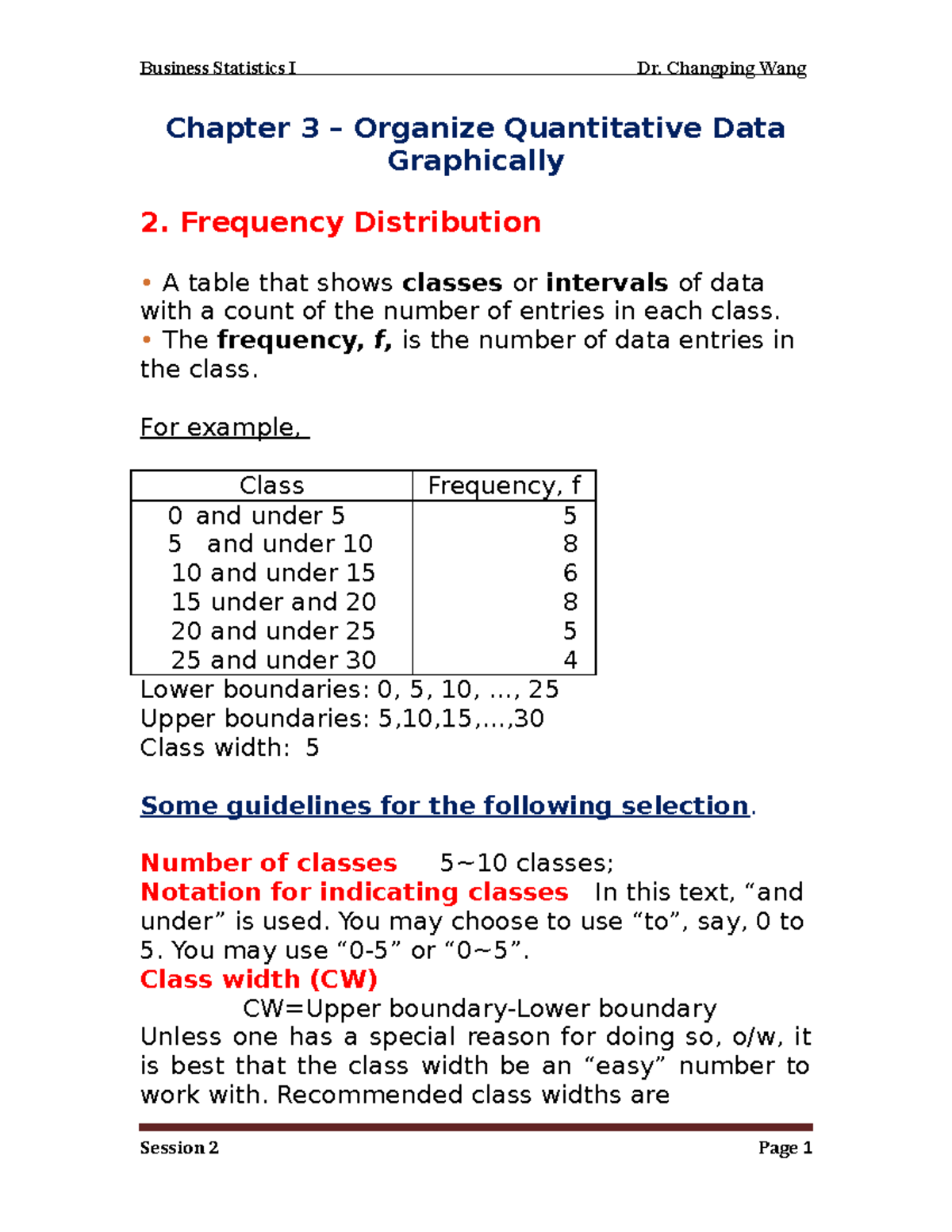 Session-2 - Lecture notes 2 - Business Statistics I Dr. Changping Wang ...