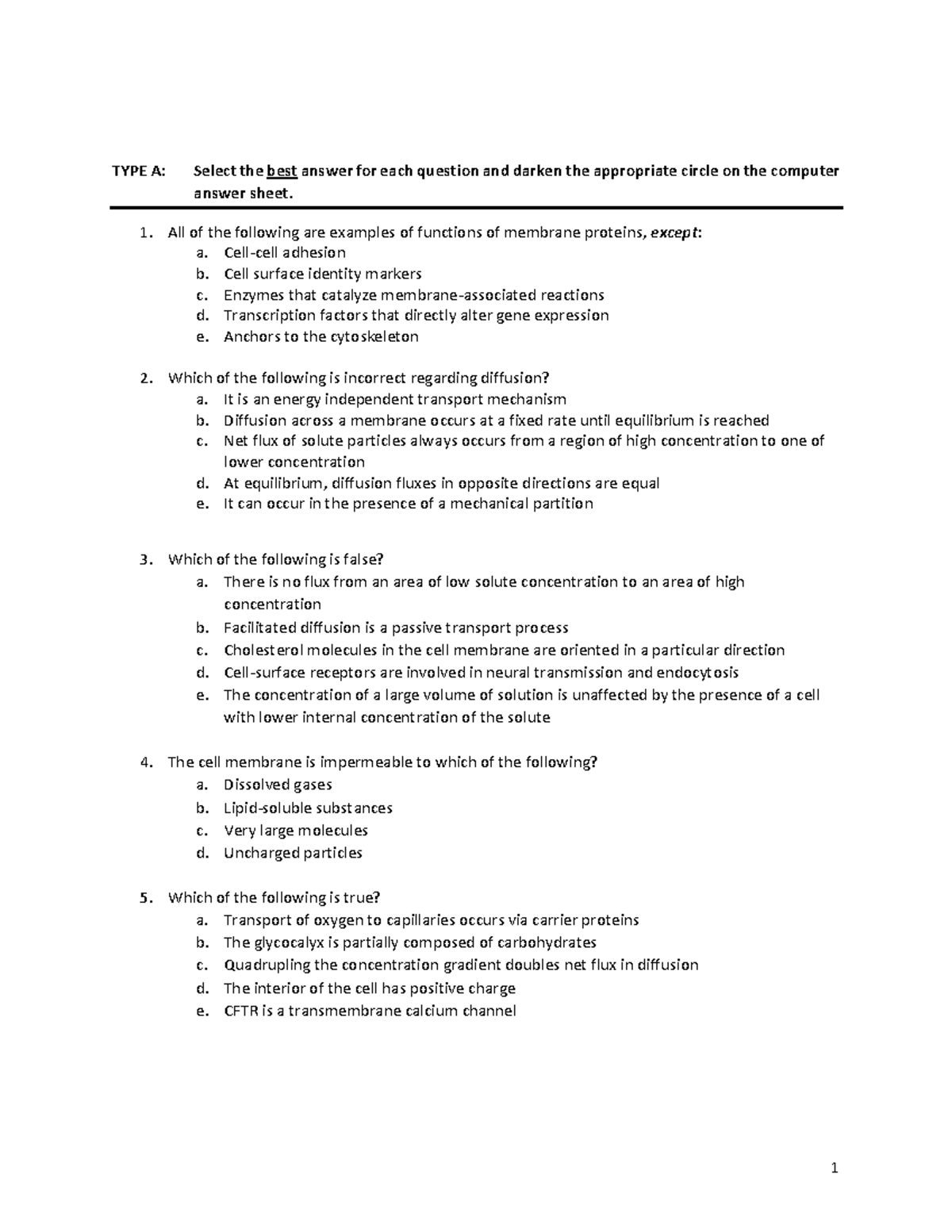 Practice problems - body fluids - TYPE A: Select the best answer for ...