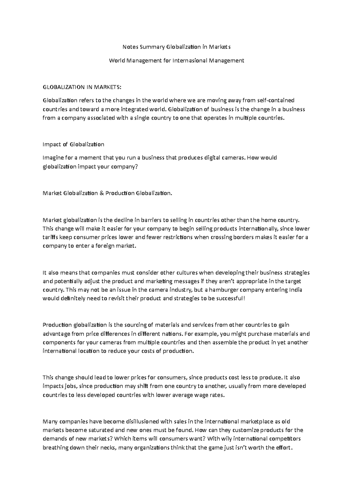 Notes Summary Globalization in Markets World Management for Internasional Management Notes