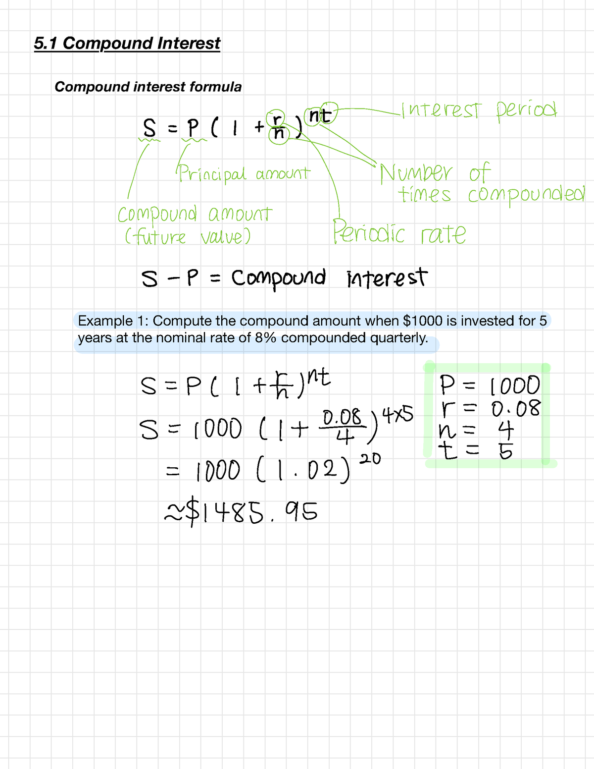 MATA32 Notes (Chapter 5, 10, 11) - 5 Compound Interest Example 1 ...