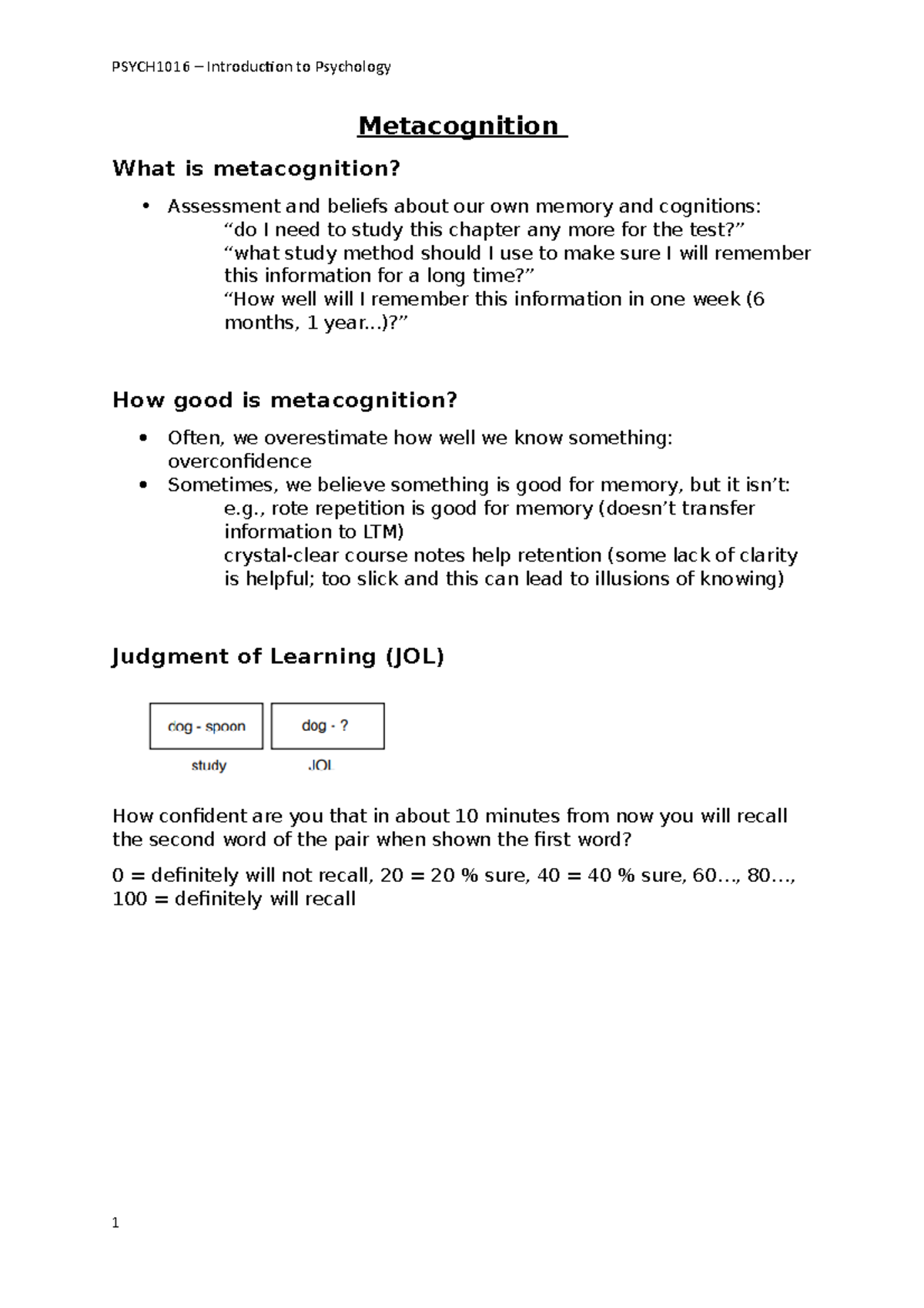 Metacognition - Lecture notes for Philip Higham content - Metacognition ...