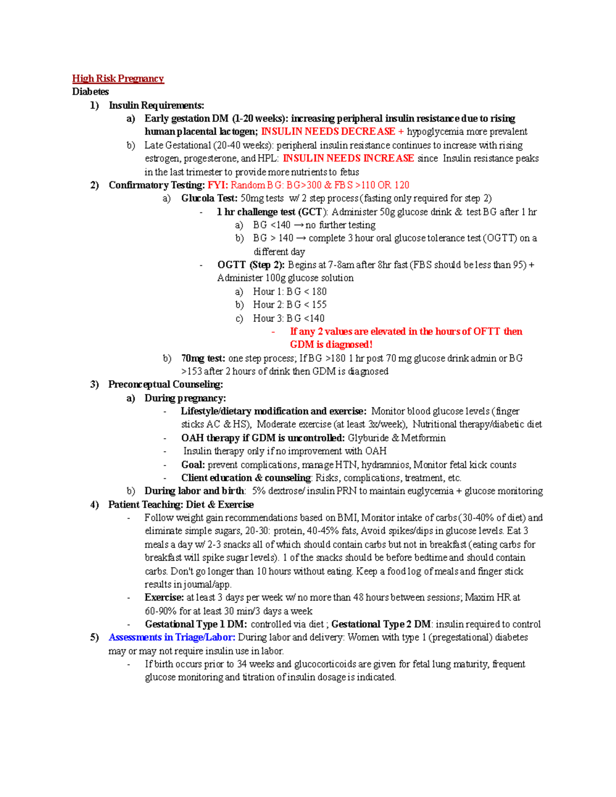 OB Page 3 - Notes - High Risk Pregnancy Diabetes 1) Insulin ...