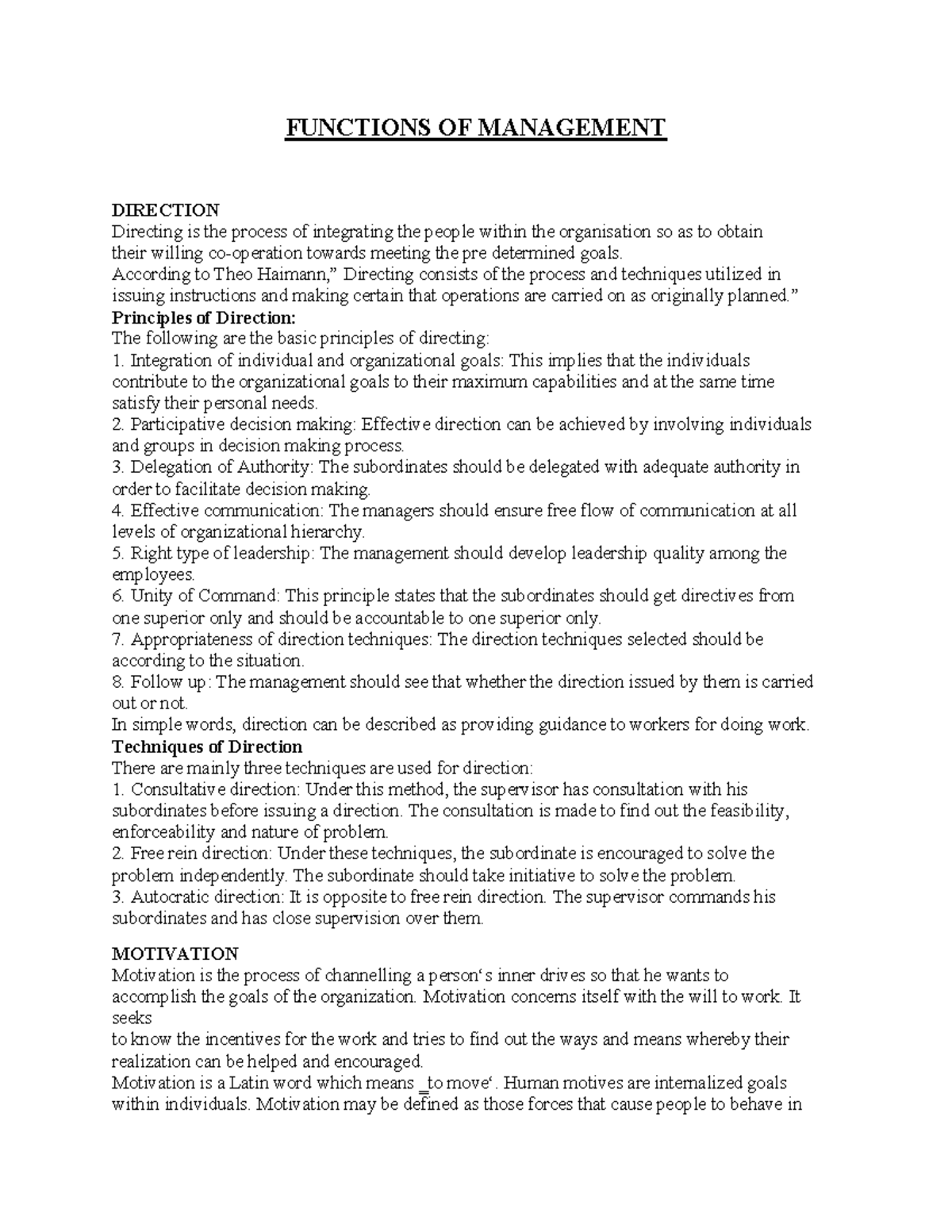 Functions OF Management-8 - FUNCTIONS OF MANAGEMENT DIRECTION Directing ...