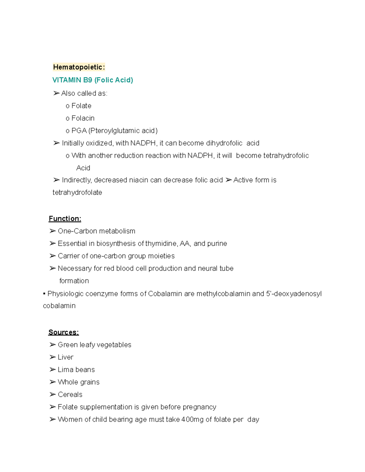 Vitamin B9 (Folic Acid) Hematopoietic VITAMIN B9 (Folic Acid) Also