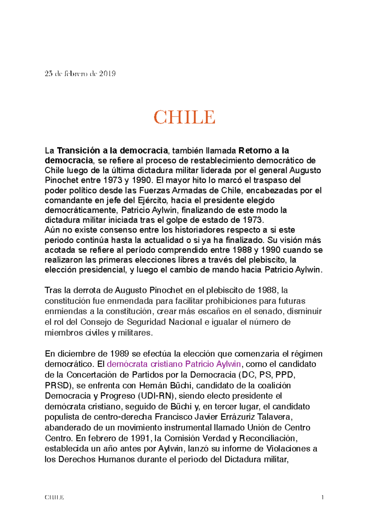 Chile - 25 de febrero de 2019 CHILE La Transición a la democracia ...