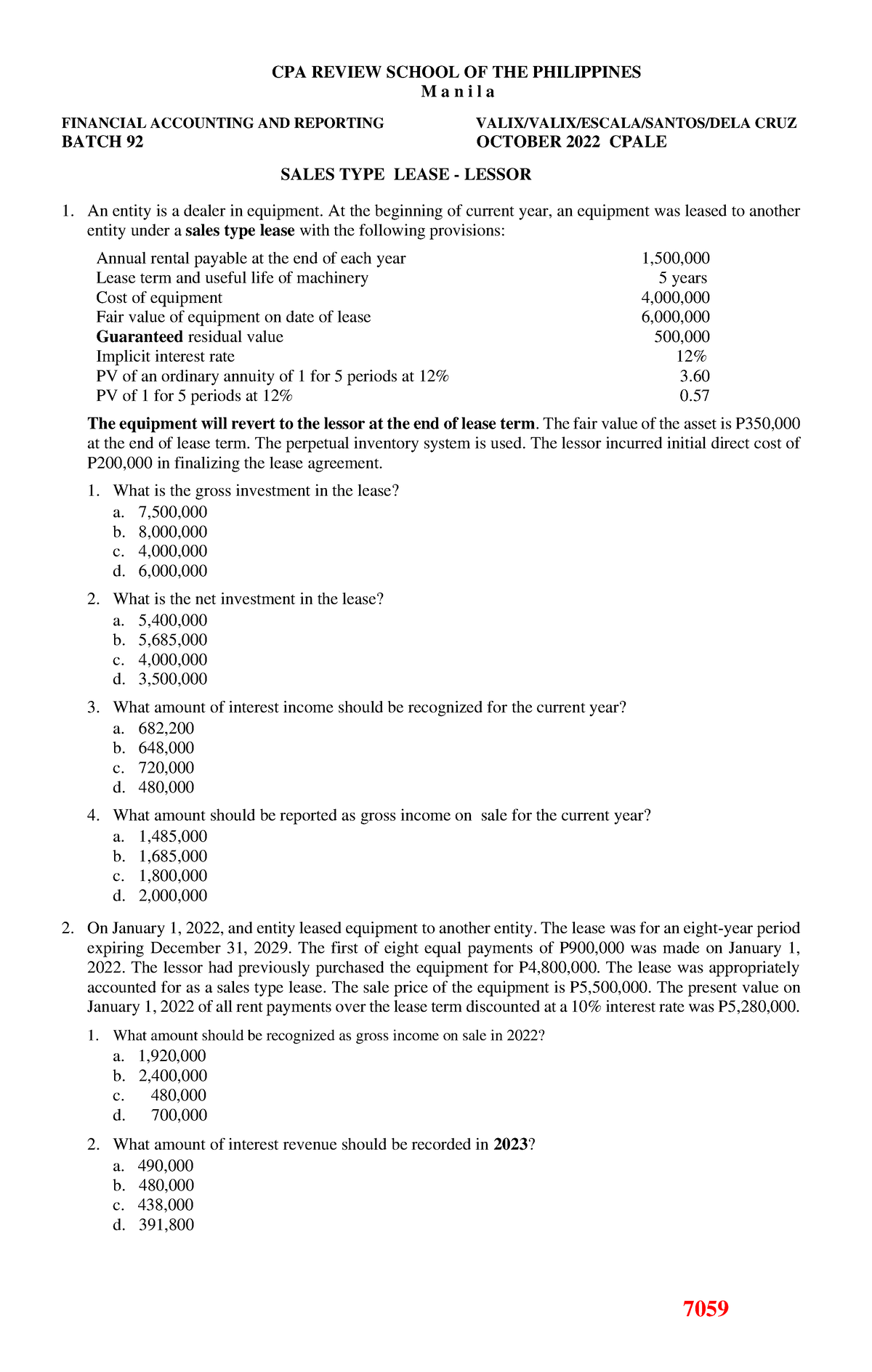 7059 - Sales Type Lease - Lessor - 7059 Cpa Review School Of The 