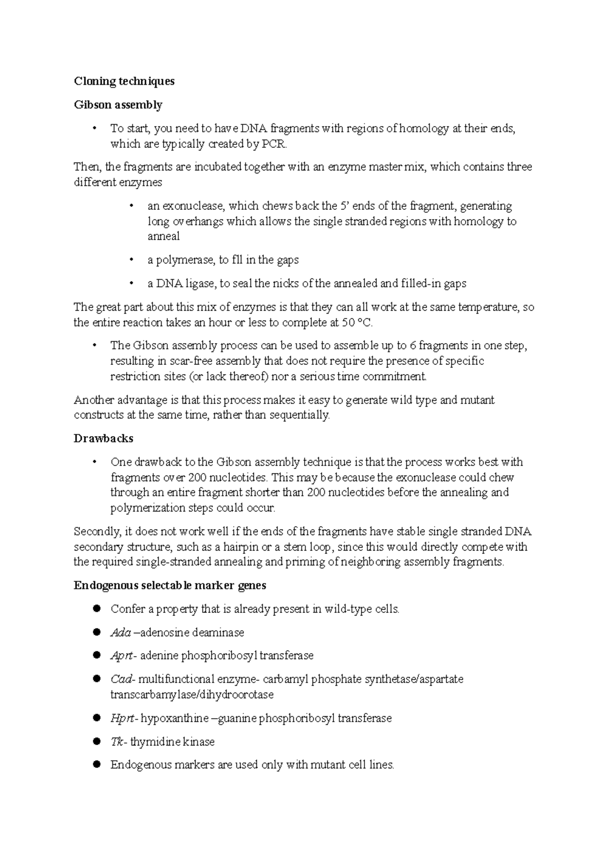 Cloning techniques Endogenous selectable marker genes, Dominant