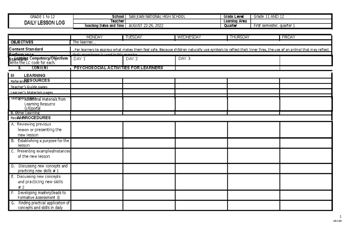 ReadingDLLwritingweek1 Psychosocial Content Standard Performance
