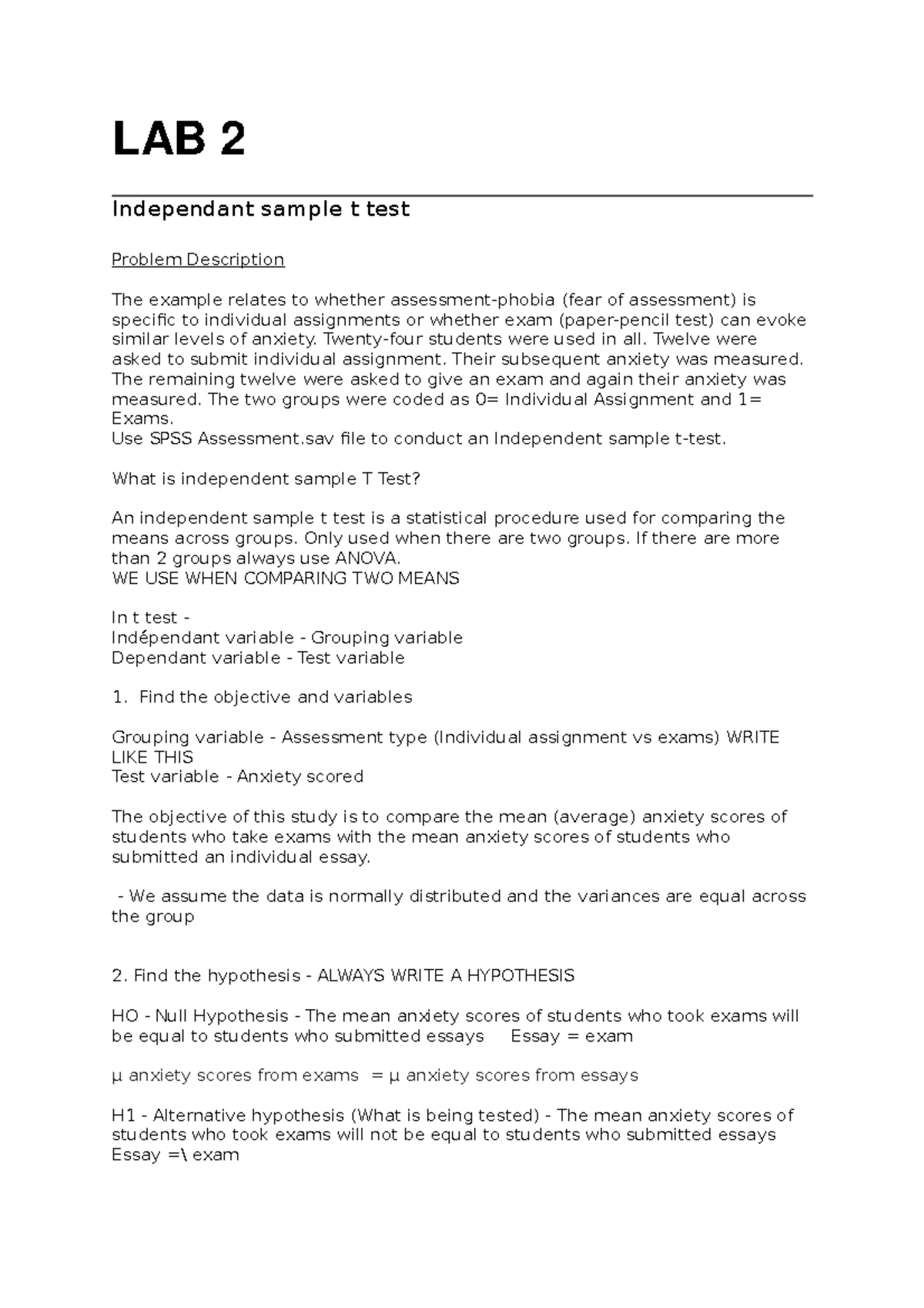 Independant T Test Lab 2 Independant Sample T Test Problem Description The Example Relates To Studocu
