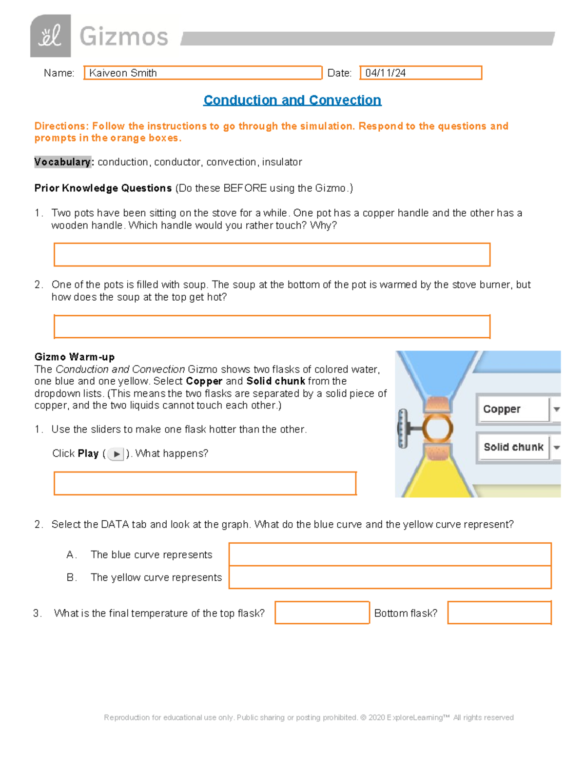 Copy of Gizmo LAB - Conduction and Convection - Name: Kaiveon Smith ...