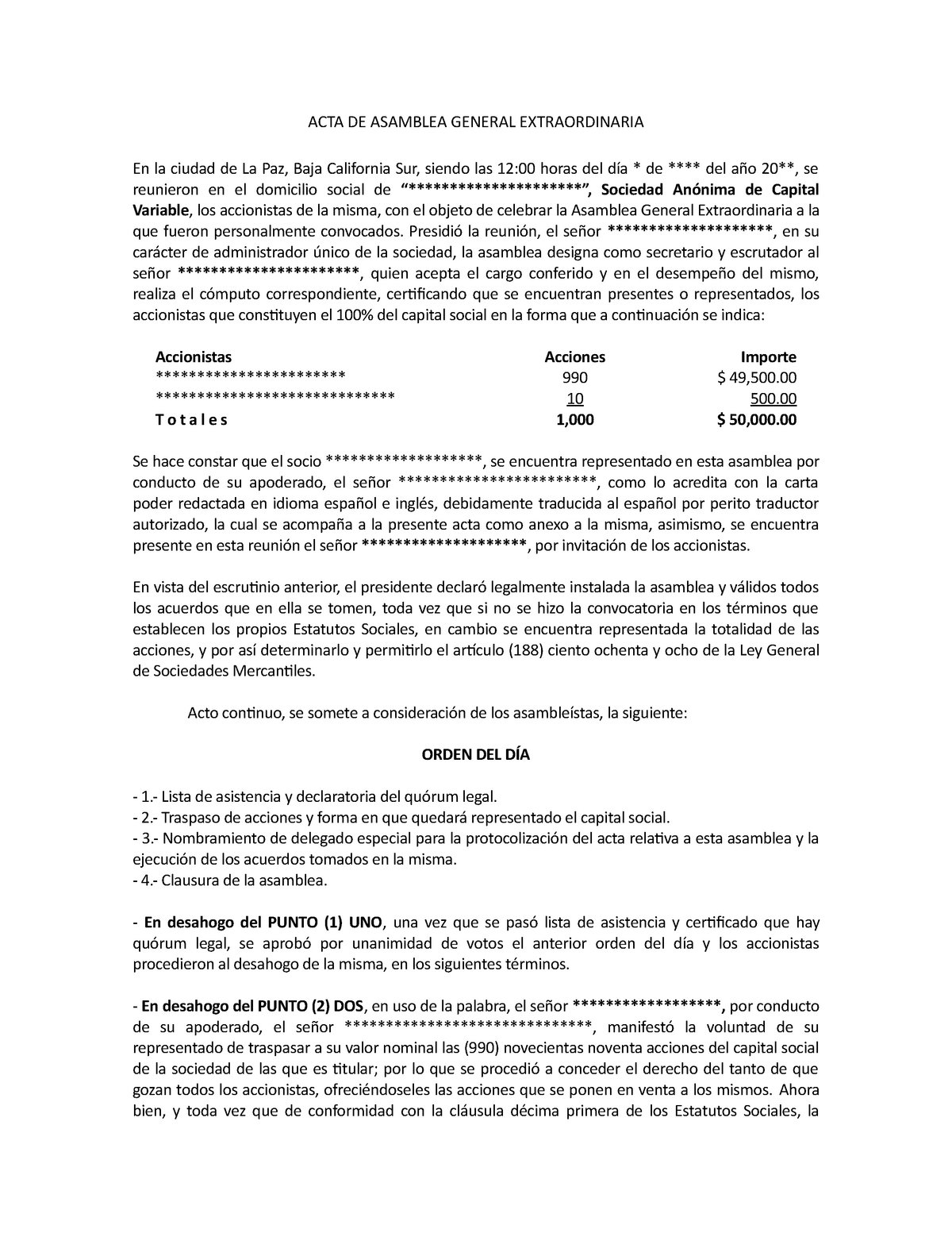 Acta de asamblea de SA (traspaso de acciones) - ACTA DE ASAMBLEA GENERAL  EXTRAORDINARIA En la ciudad - Studocu