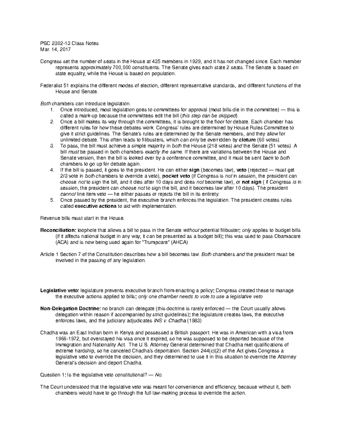 March 14 17 PSC 230213 Class Notes Mar. 14, 2017 Congress set the