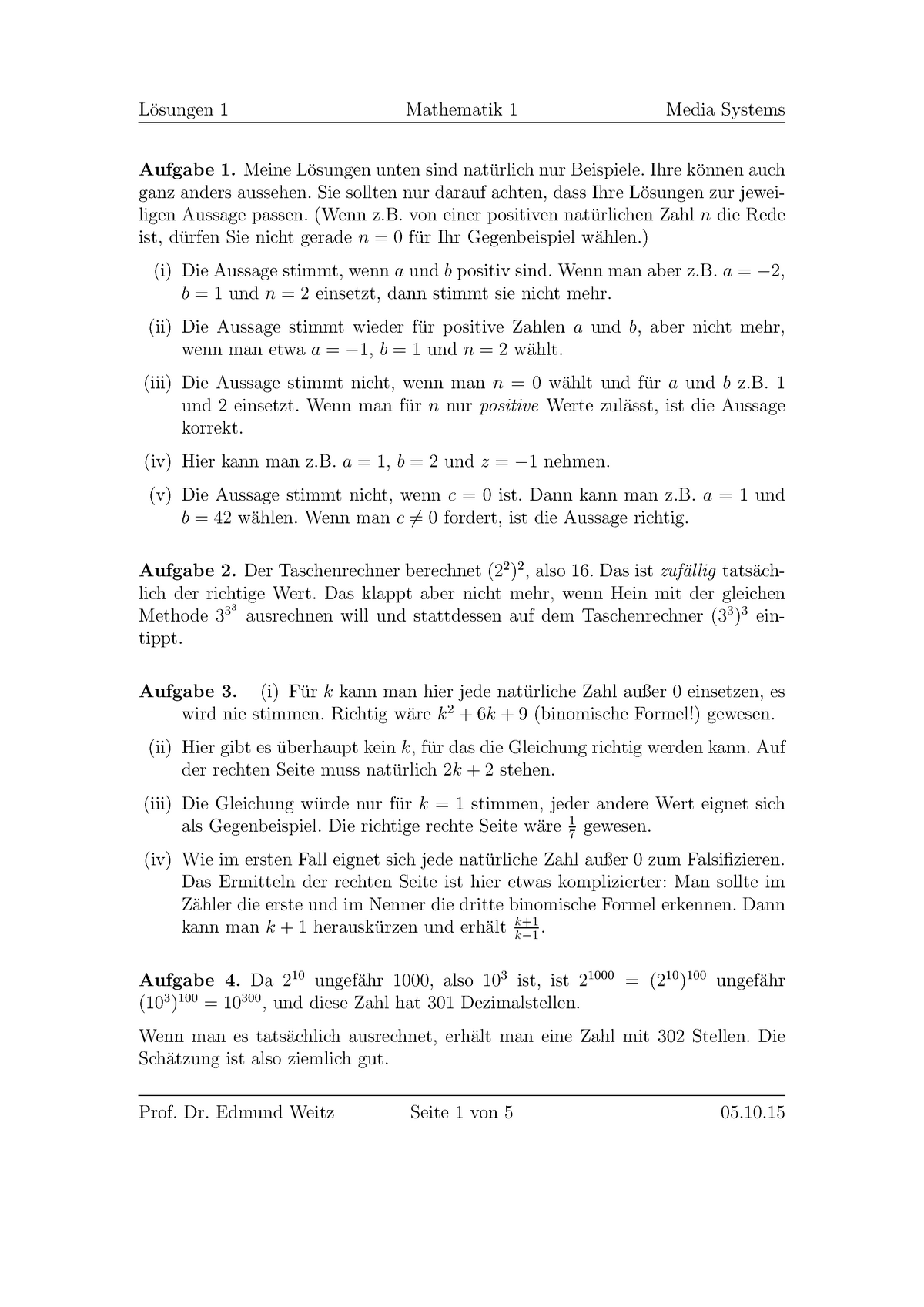 Alle Lösungen WiSe 15/16 - L¨osungen 1 Mathematik 1 Media Systems ...