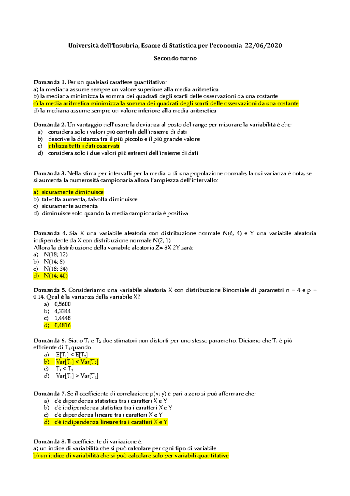 Test 7 20 Giugno 2020 Domande Risposte Universit Dell Insubria Esame Di Studocu