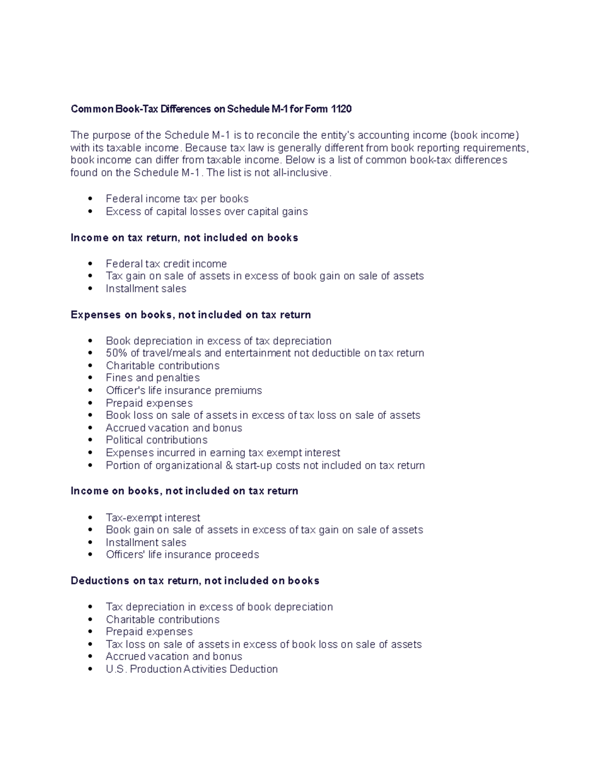 Common Book Tax Differences Lecture Note Common BookTax Differences