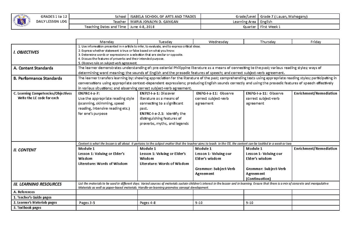 DLPWord 7 - for merge 2 - LESSON PLAN - GRADES 1 to 12 DAILY LESSON LOG ...