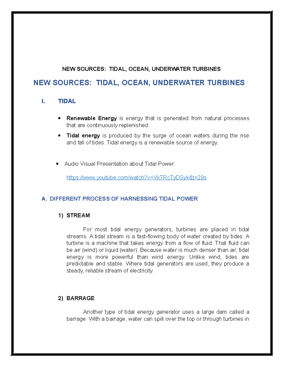 Report - Tidal, ocean as renewable sources of energy - NEW SOURCES ...