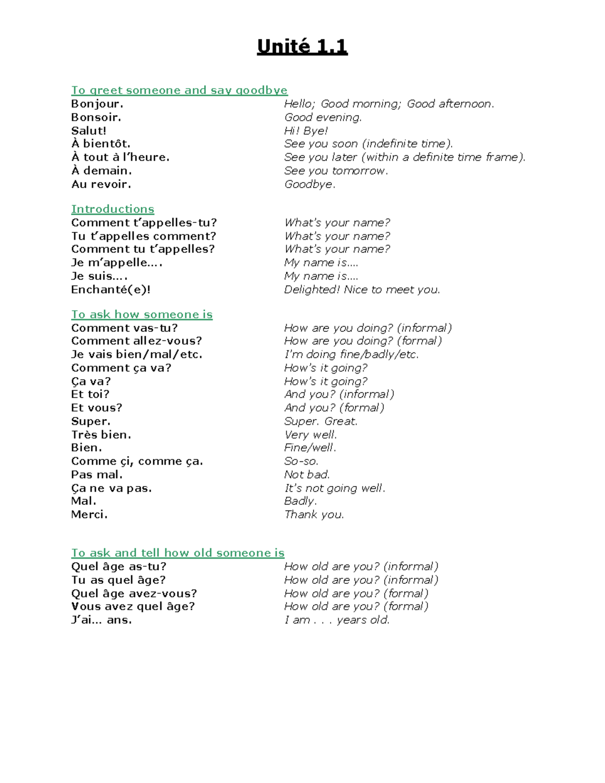 Unité 1.1 vocabulary - Just definitions and meanings to help study and ...