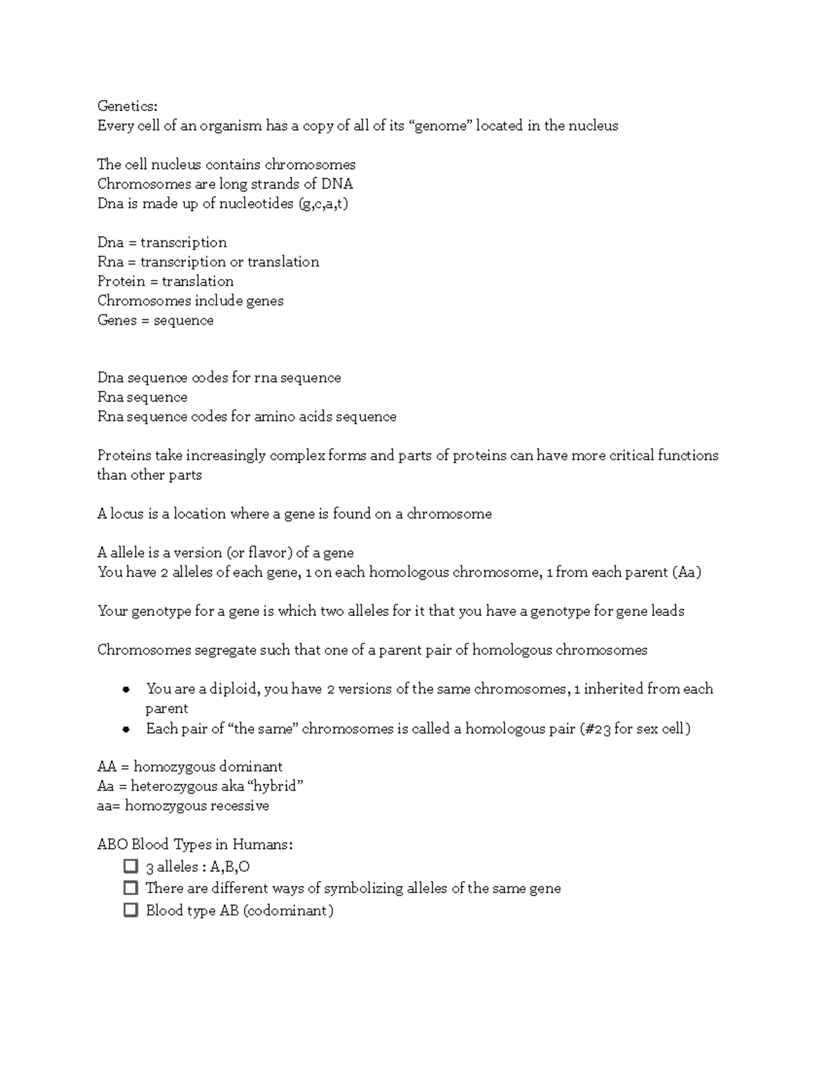 Bio 1104 Notes Feb Part 1 - Genetics:Every Cell Of An Organism Has A ...