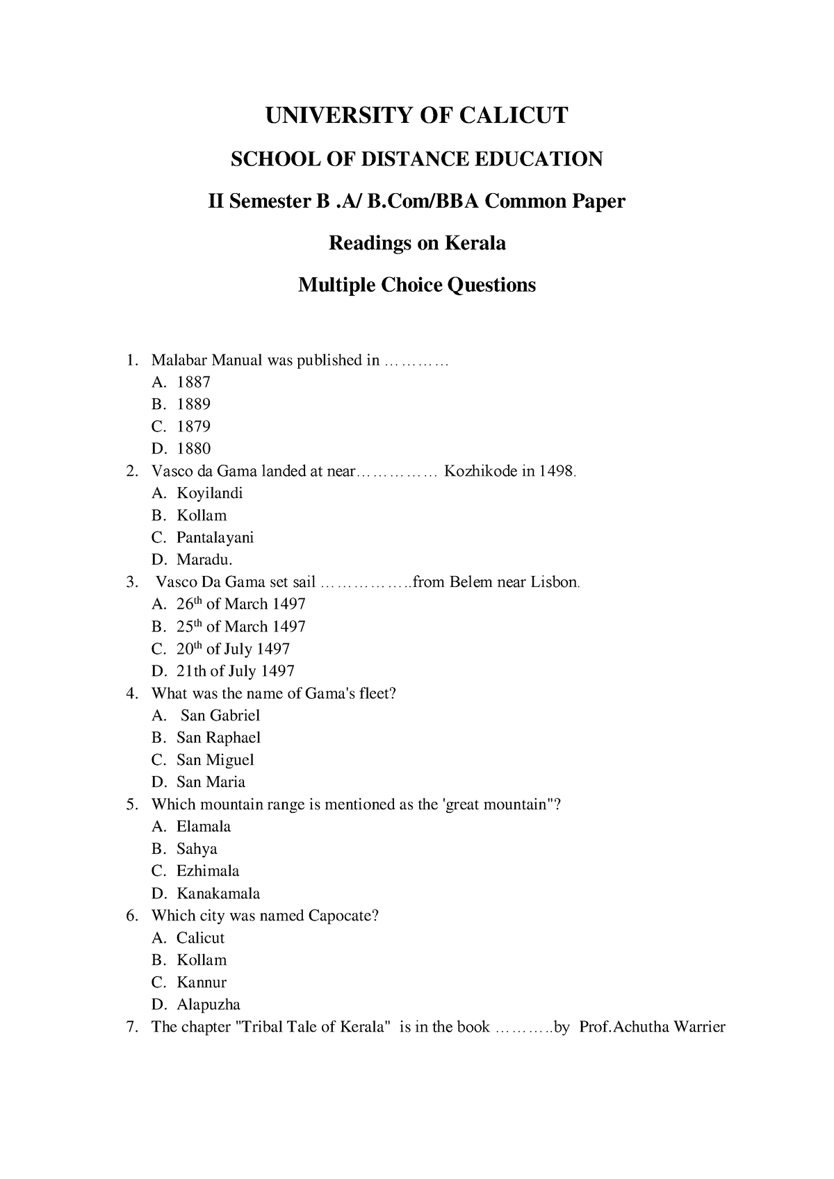 MCQ- II Sem Readings On Kerala - UNIVERSITY OF CALICUT SCHOOL OF ...