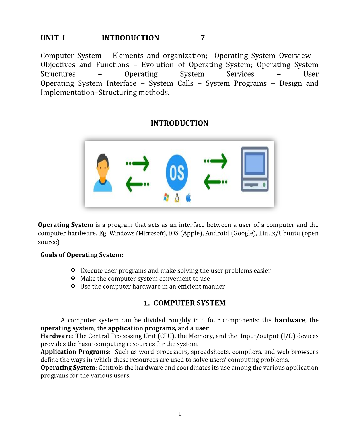 OS 1 - Operating Systems - UNIT I INTRODUCTION 7 Computer System ...