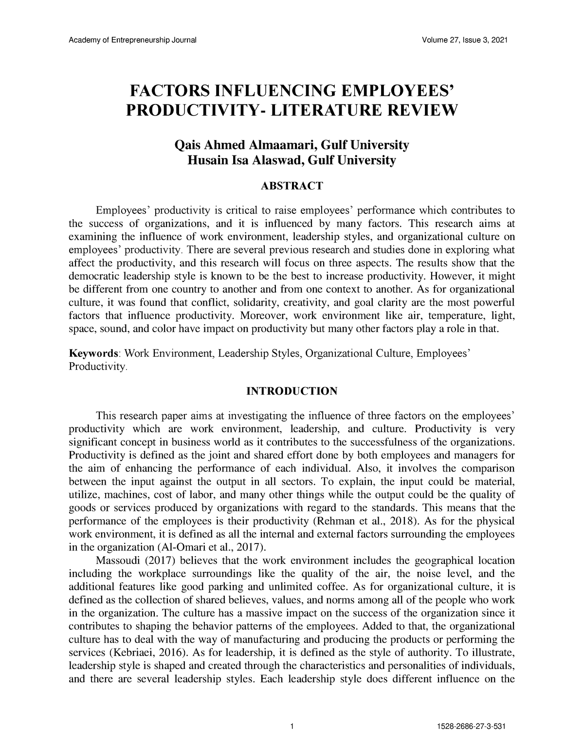 productivity literature review