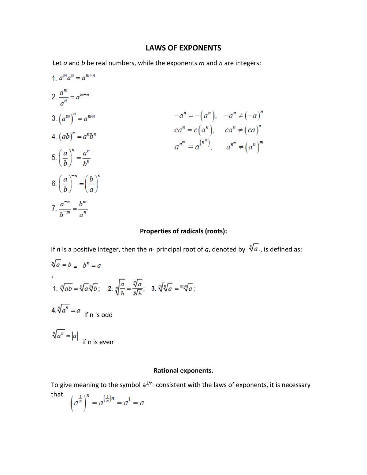 LAWS OF Exponents AND Logarithms - LAWS OF EXPONENTS Let a and b be ...