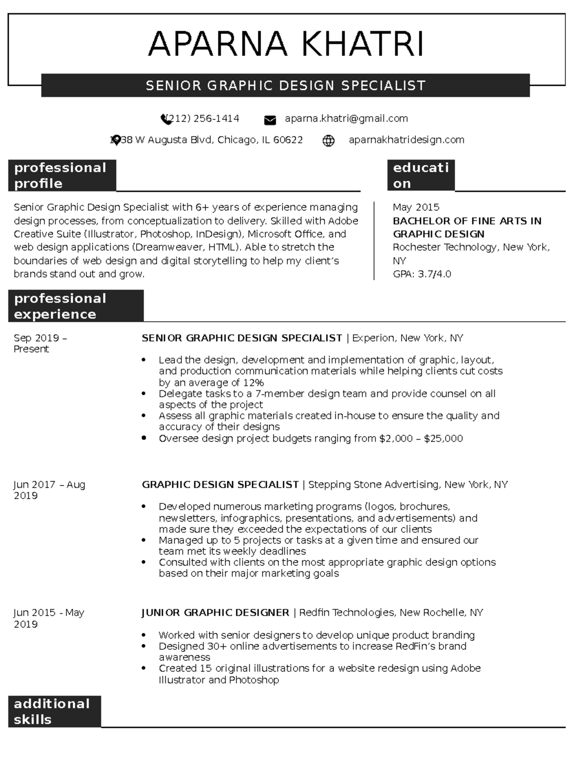 Windsor Creative Resume Template Black - APARNA KHATRI SENIOR GRAPHIC ...