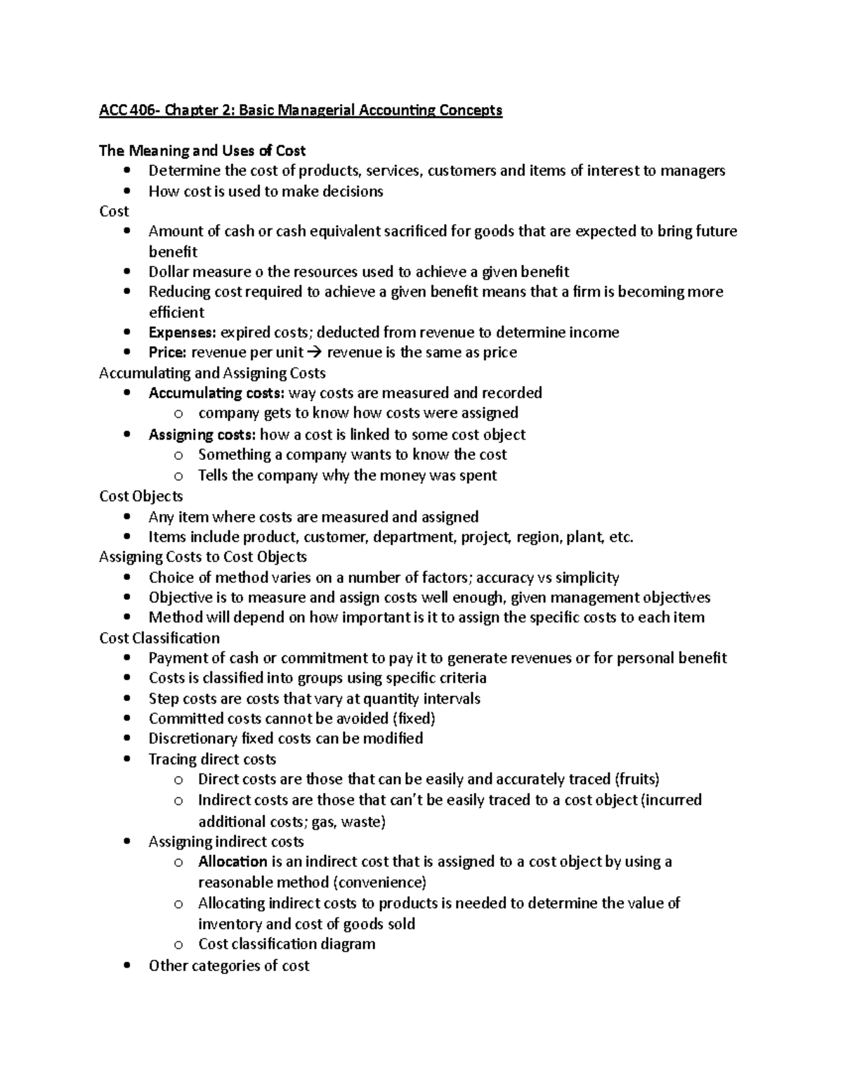 ACC 406 Chp 2 - Lecture notes 2 - ACC 406- Chapter 2: Basic Managerial ...