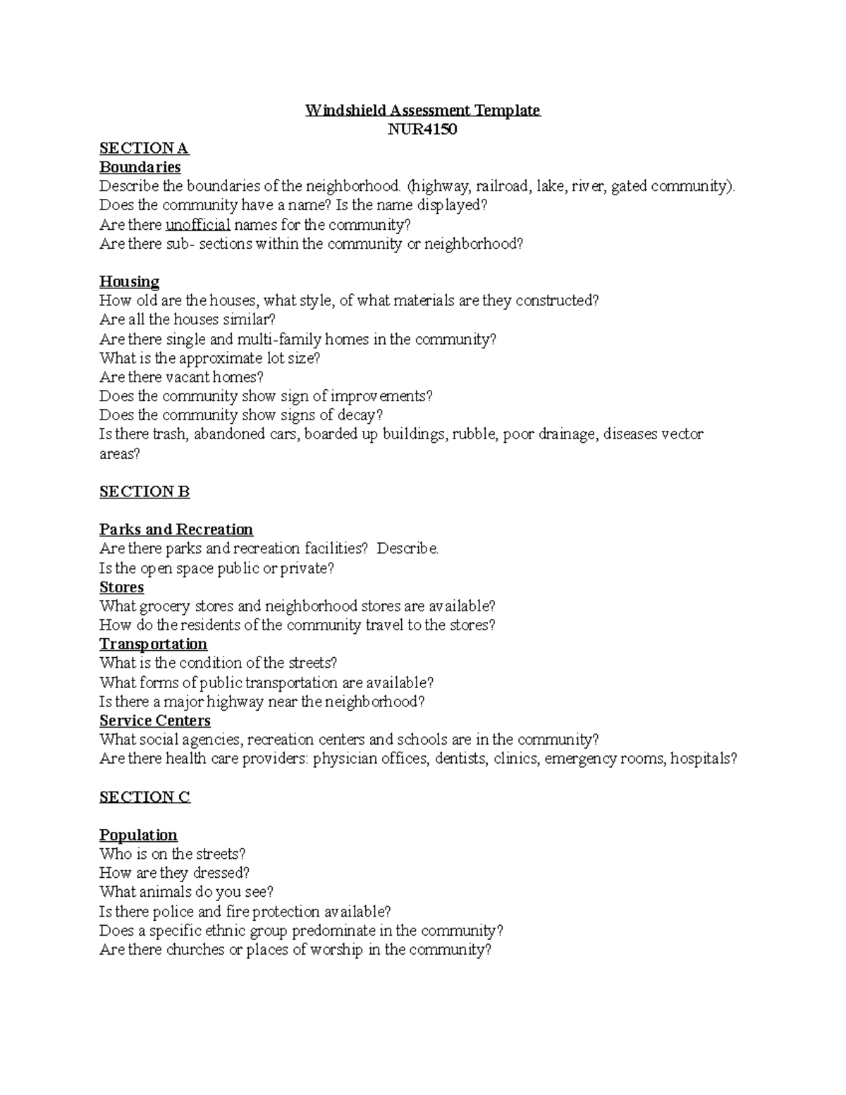 Windshield Assessment Template1 Windshield Assessment Template NUR