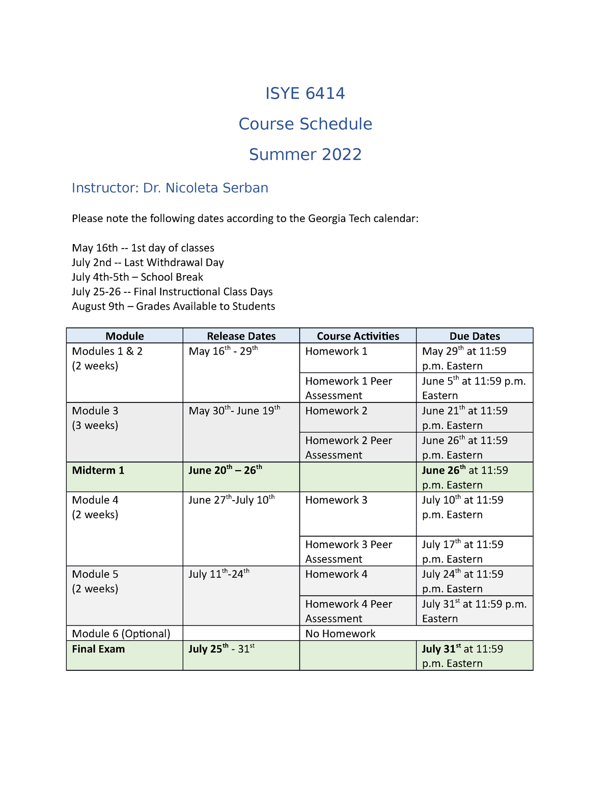 ISYE6414Course Schedule Summer 2022v3 ISYE 6414 Course Schedule