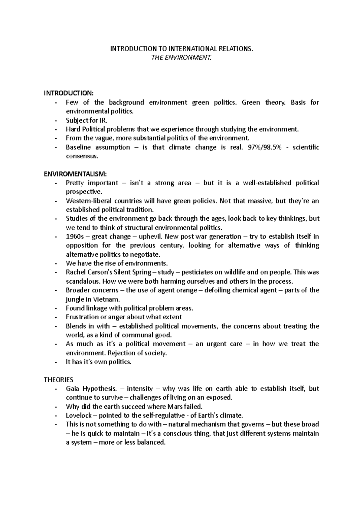 Environmentalism lecture - INTRODUCTION TO INTERNATIONAL RELATIONS. THE ...