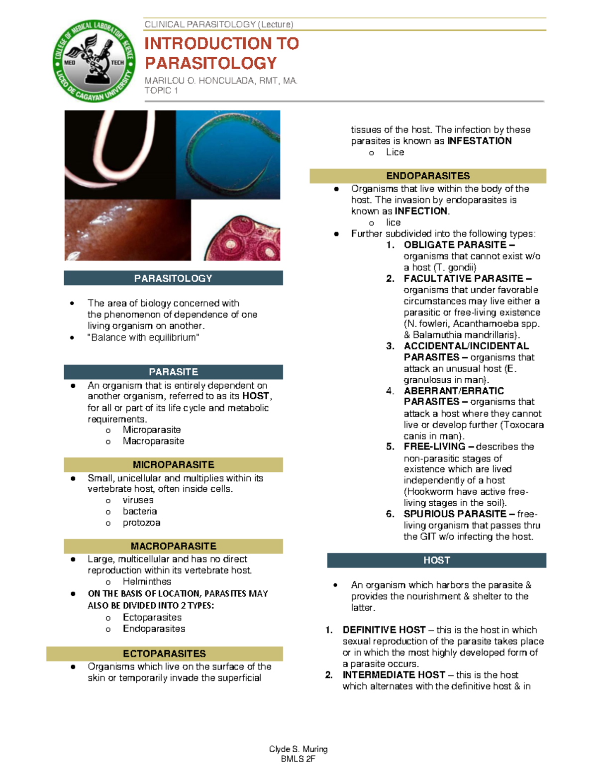 Introduction-to-parasitology - CLINICAL PARASITOLOGY (Lecture) Clyde S ...