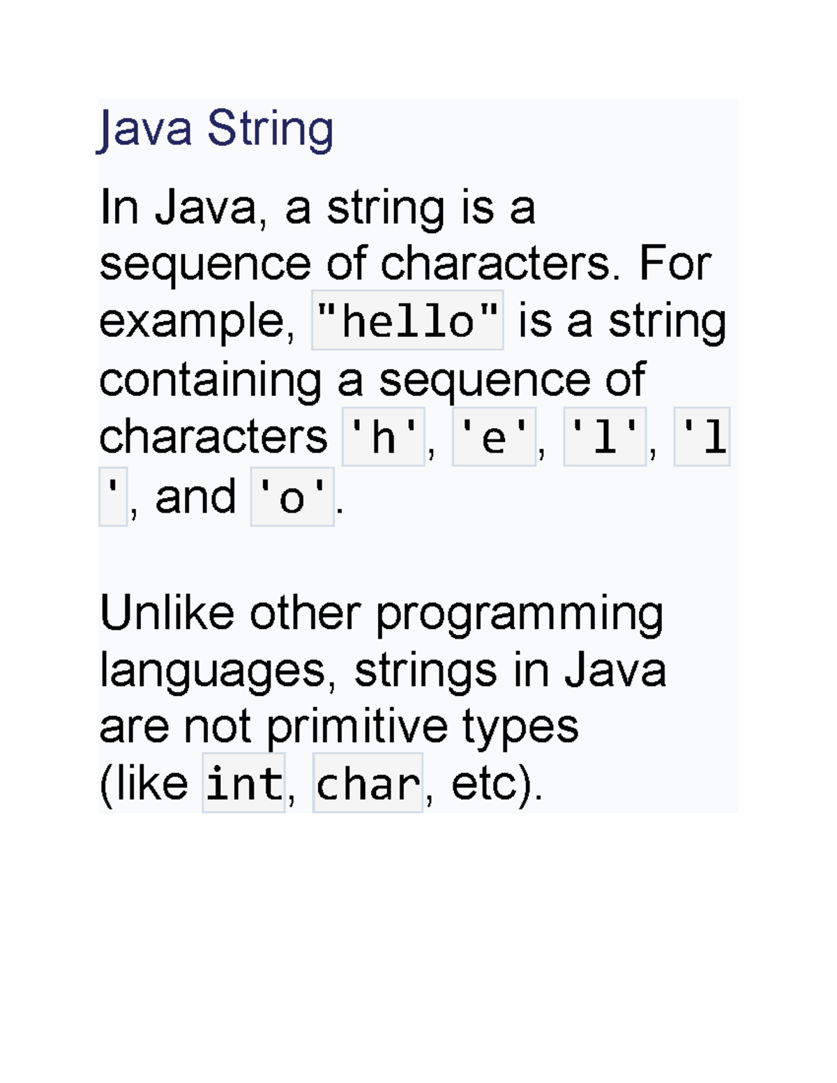 JAVA Notes JAVA strings - Java String In Java, a string is a sequence ...