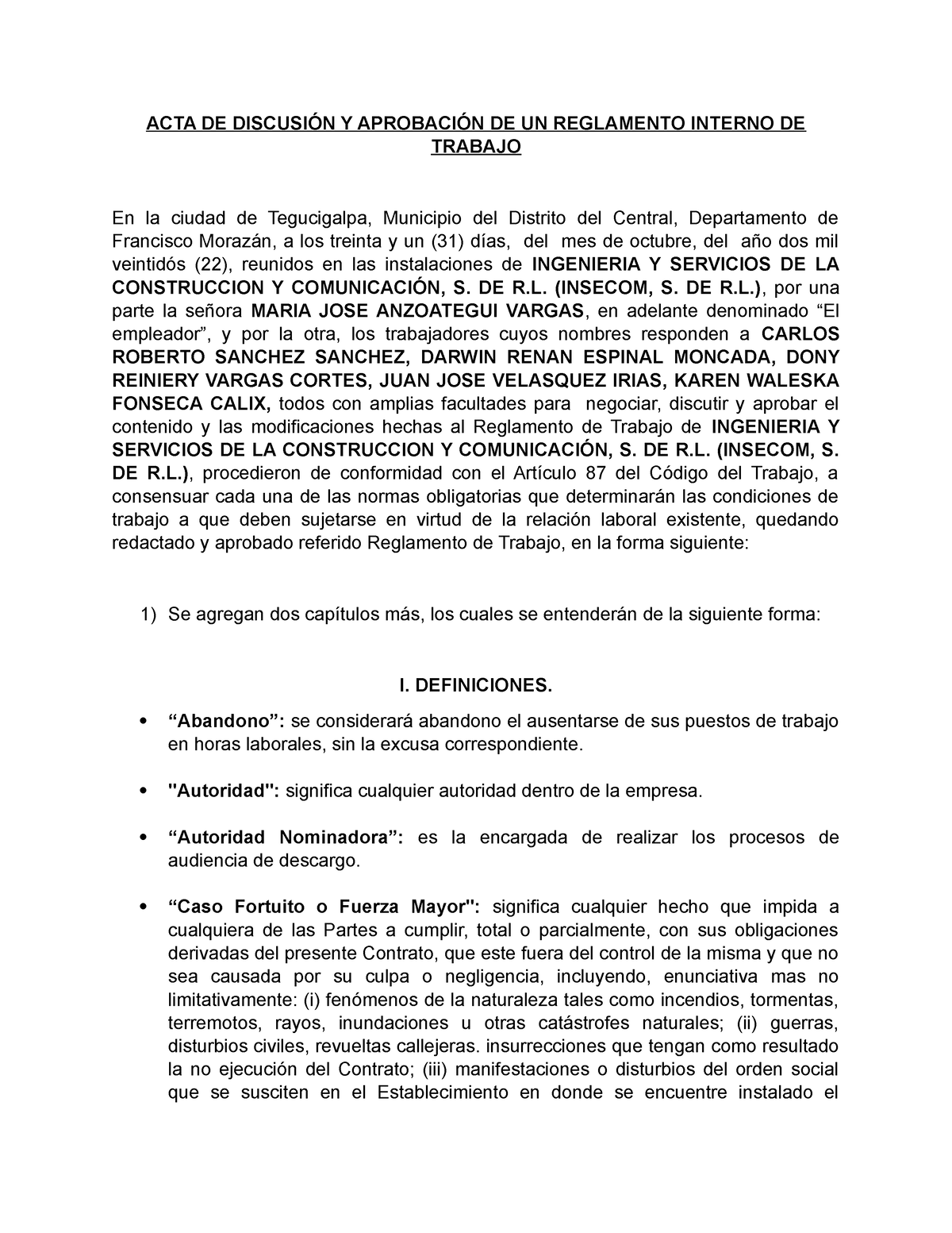 Acta Aprobacion De Reglamento Insecom Acta De DiscusiÓn Y AprobaciÓn De Un Reglamento Interno 8920