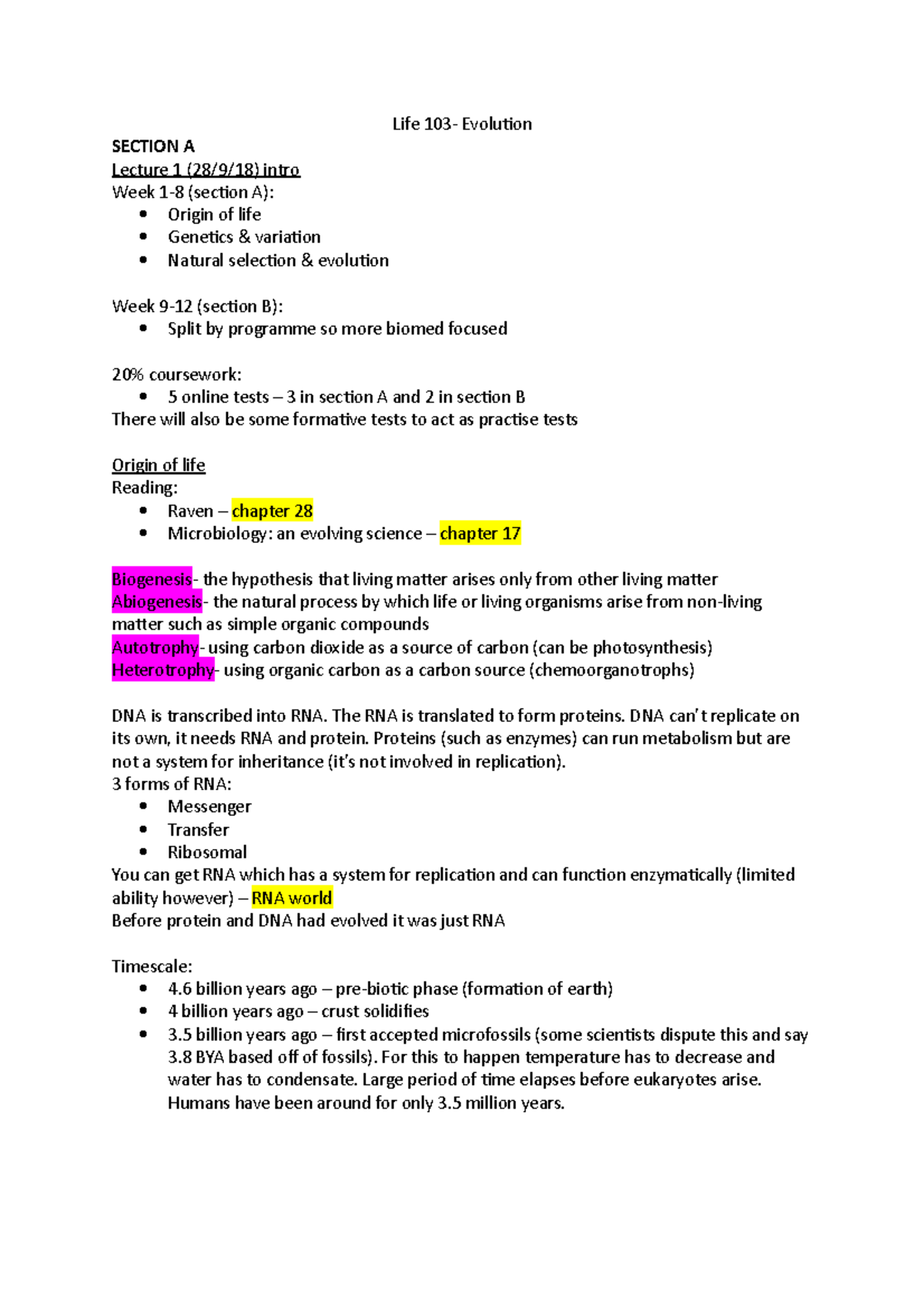 Life 103 evolution - SECTION A Lecture 1 (28/9/18) intro Week 1-8 ...