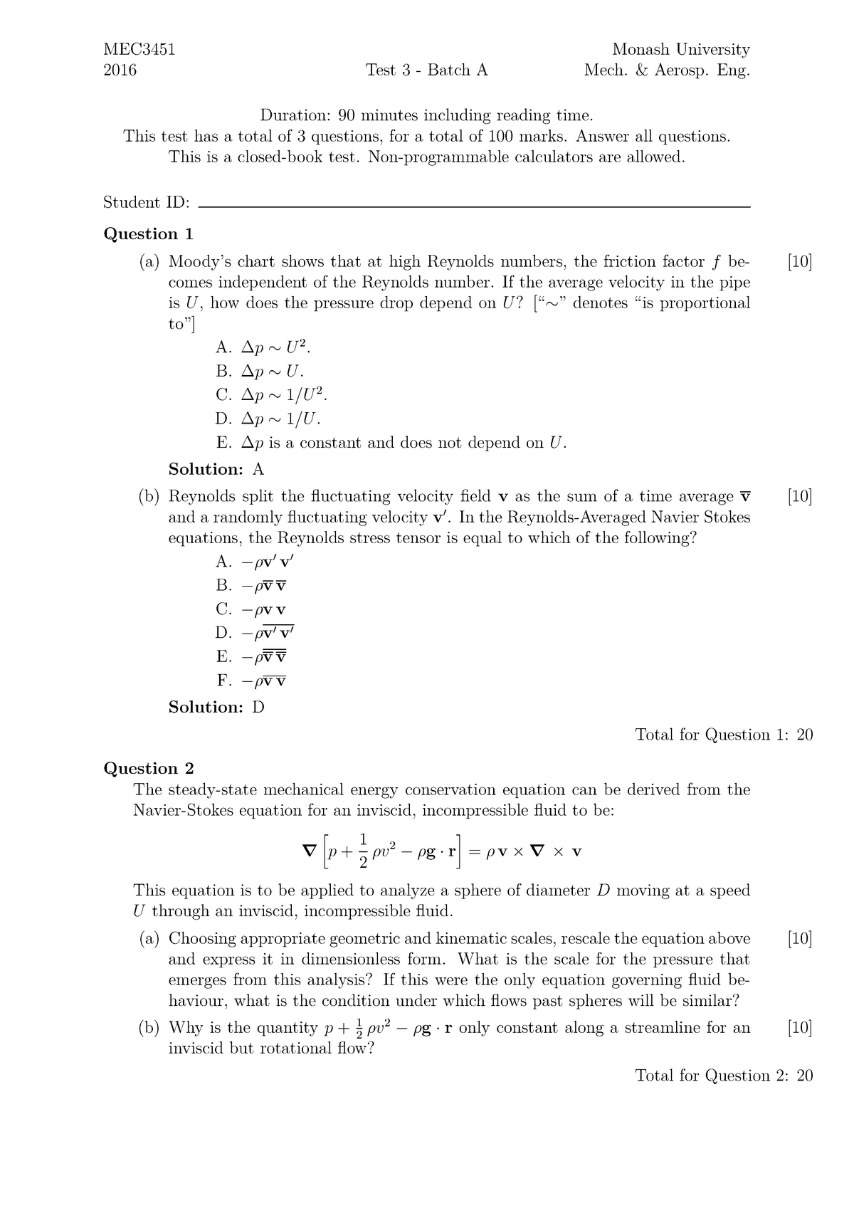 Test 3 March 2015, questions - MEC3451 2016 Test 3 - Batch A Monash ...