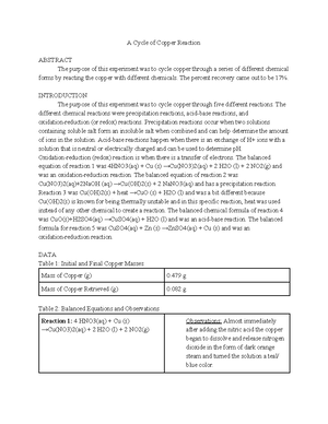 Lab Report Copper Cycle A Cycle Of Copper Reaction Abstract The Purpose Of This Experiment Was To Studocu