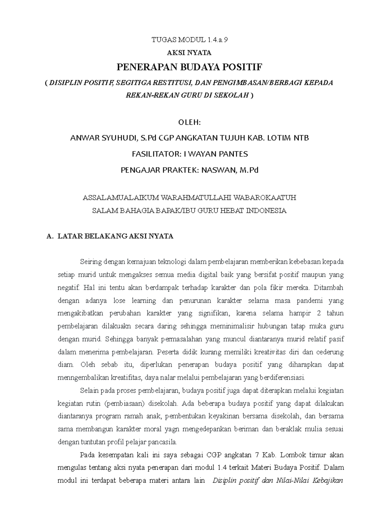 AKSI Nyata Modul 1 - TUGAS MODUL 1.4. AKSI NYATA PENERAPAN BUDAYA ...