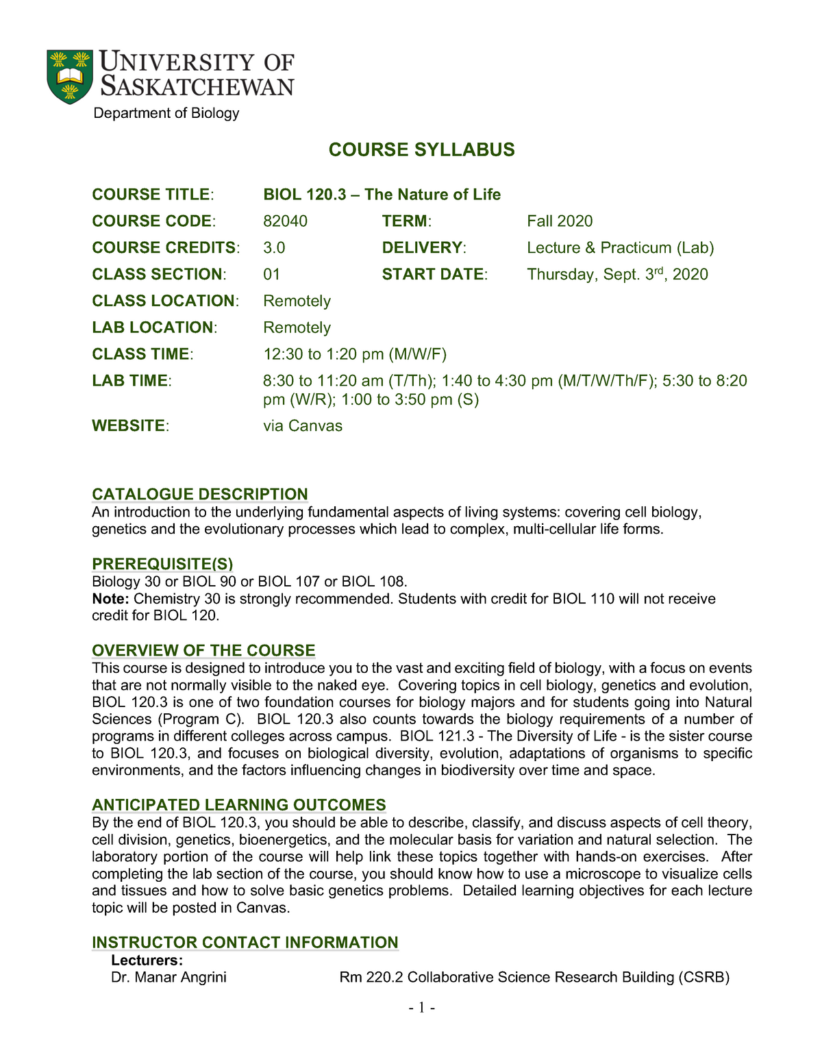 1 BIOL120(01) Syllabus Term1 (2020-2021) - Department Of Biology COURSE ...