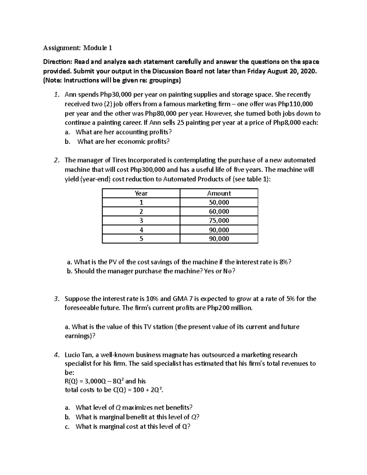 Assignment Module 1 - Submit your output in the Discussion Board not ...