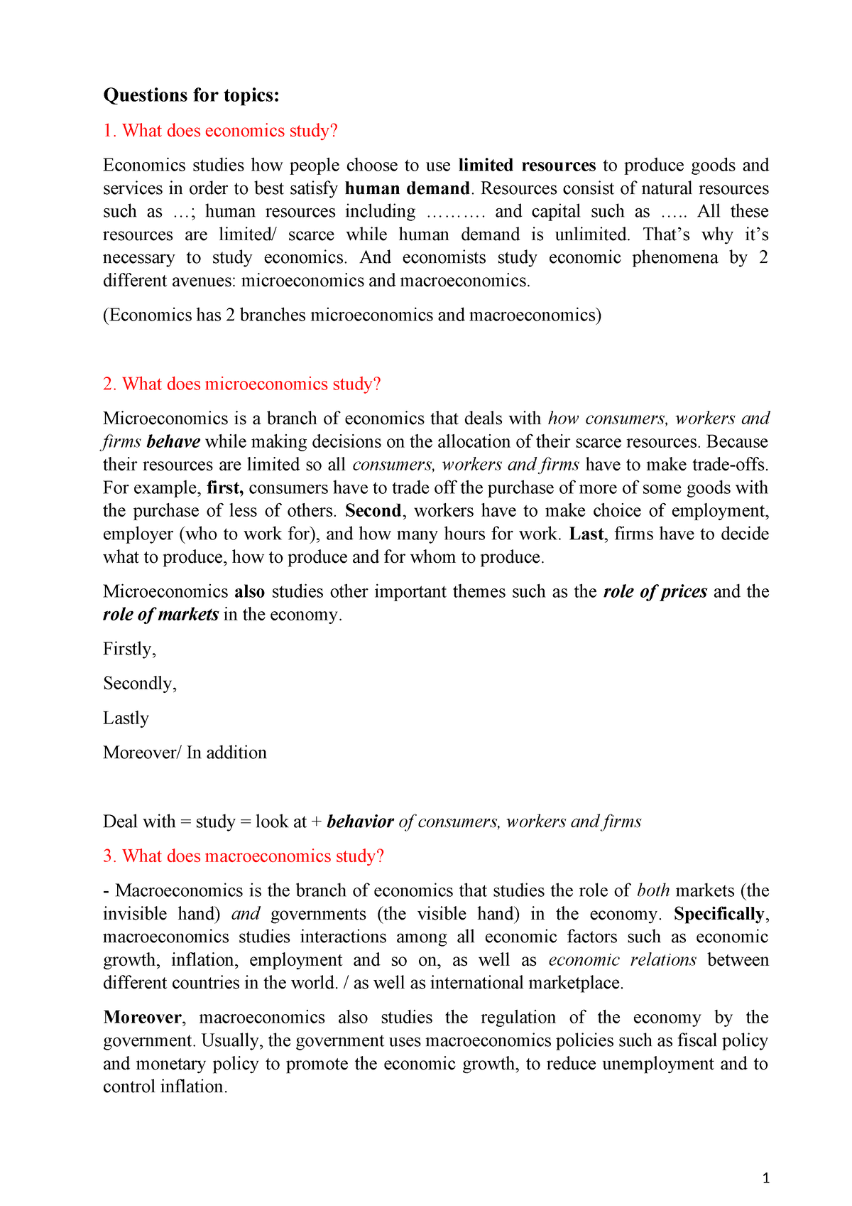 UNIT 2 Public Finance Questions for topics What does economics study