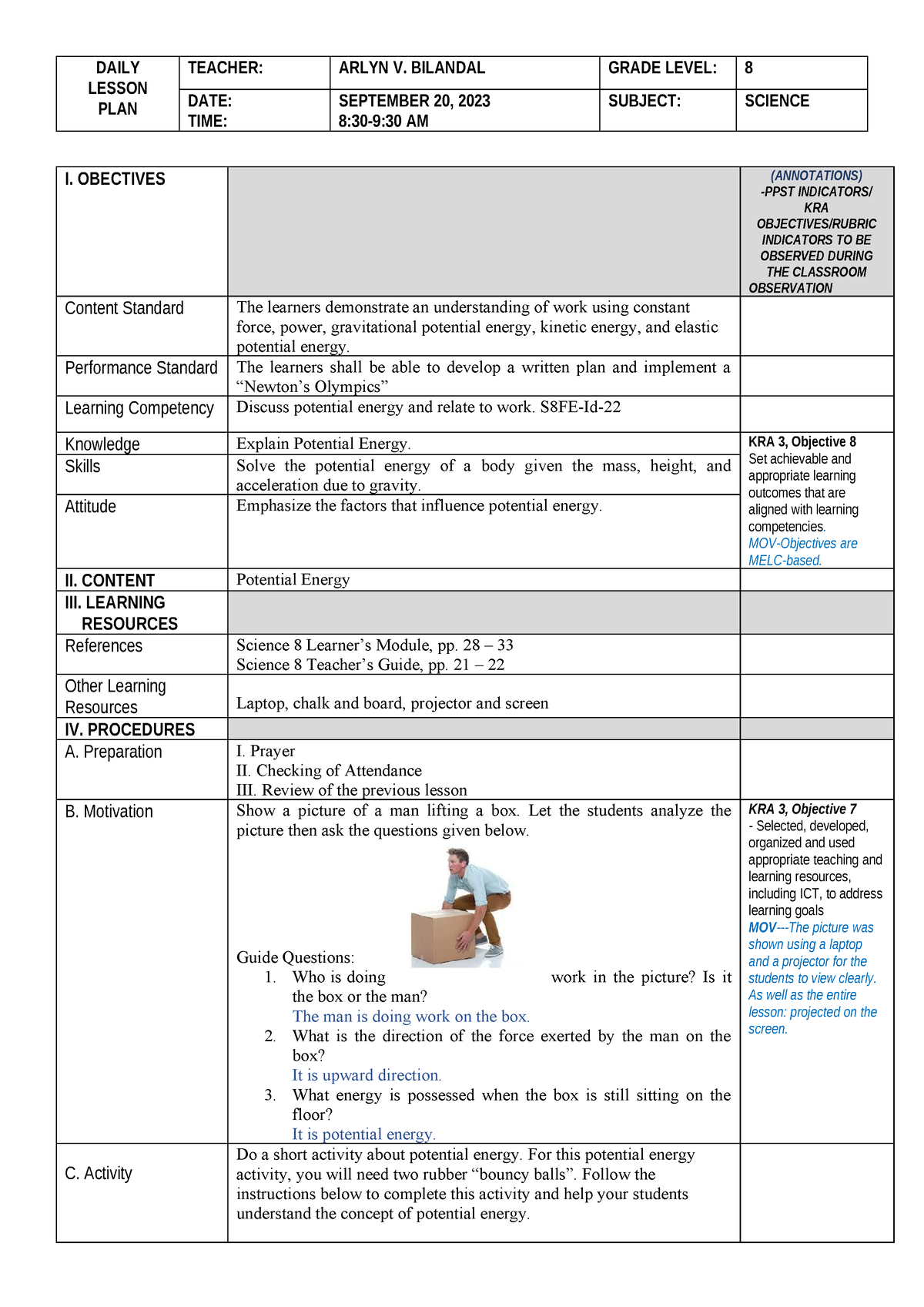 COT Science 8 2023 Potential E - DAILY LESSON PLAN TEACHER: ARLYN V ...