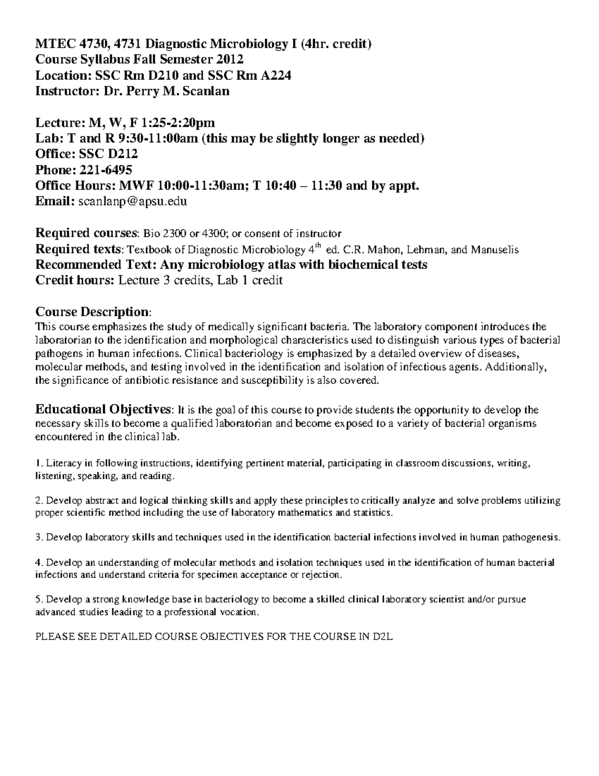 Diagnostic Microbiology I Fall 2013 Syllabus - MTEC 4730, 4731 ...