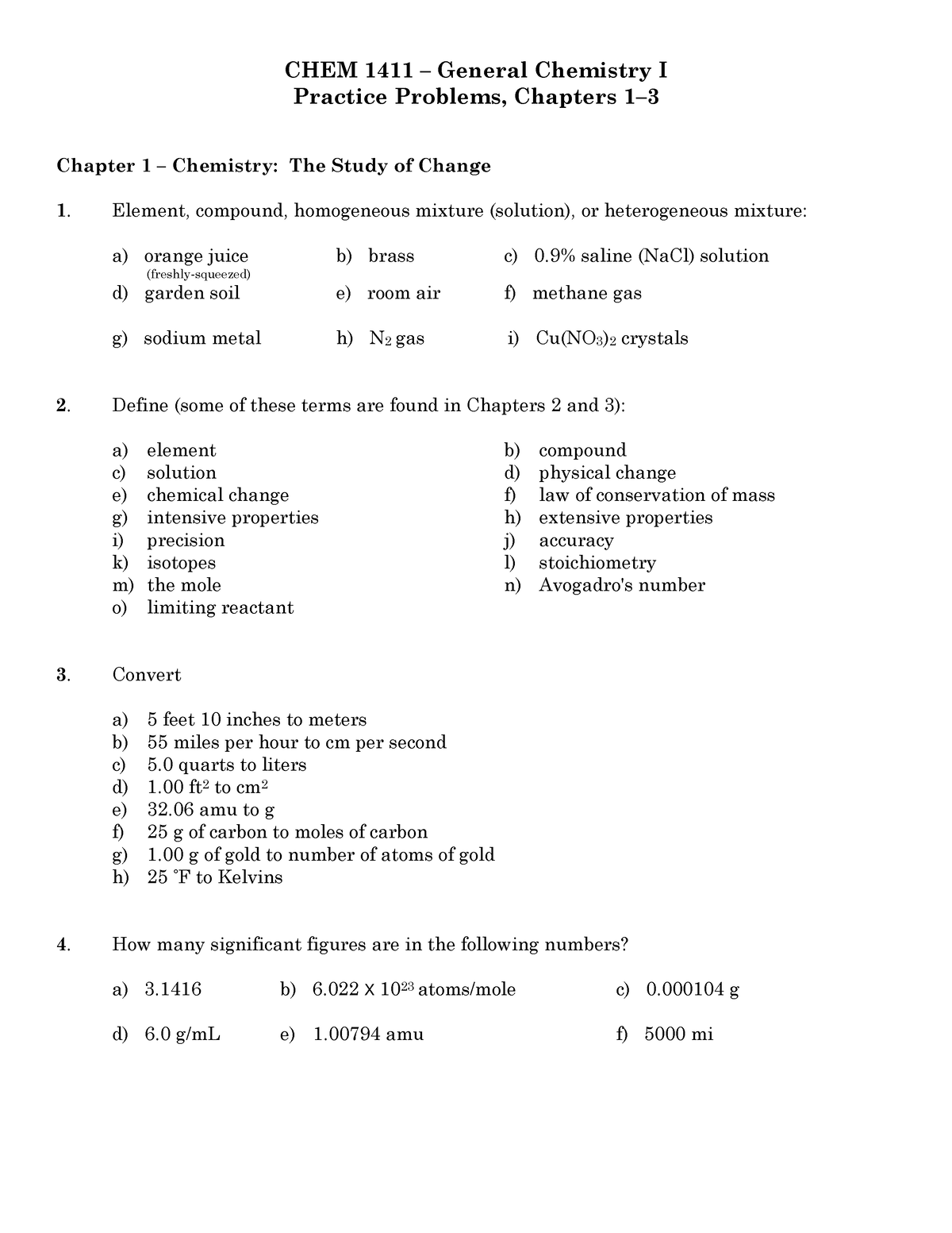 1411 Practice Problems Chapt 1 3 - CHEM 1411 – General Chemistry I ...