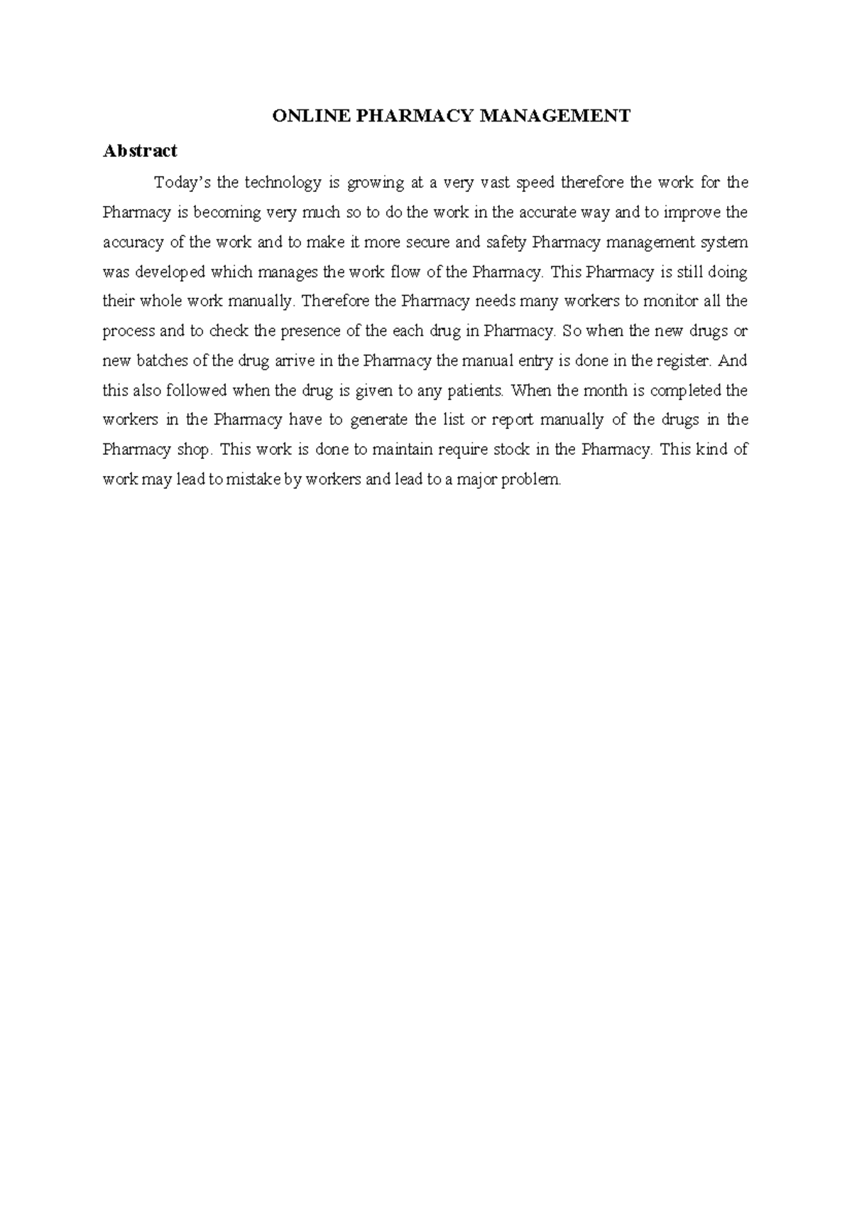Online Pharmacy Management - ONLINE PHARMACY MANAGEMENT Abstract Today ...