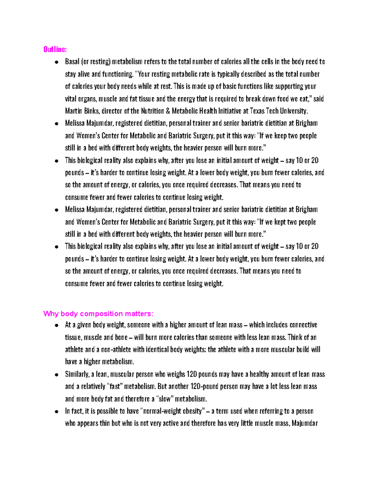 Nutrition three- BMI - lecture notes over what is BMI - Outline: Basal ...