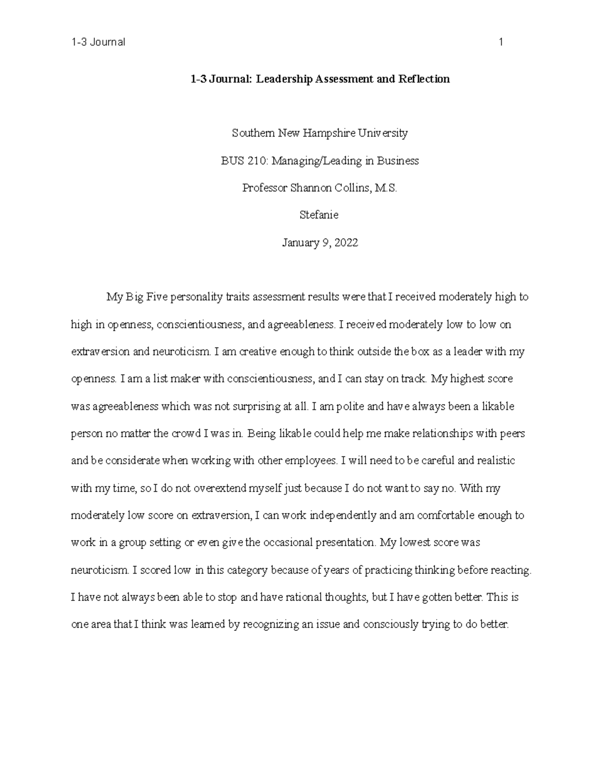 1-3 Journal Leadership Assessment and Reflection - BUS-210 - SNHU - Studocu